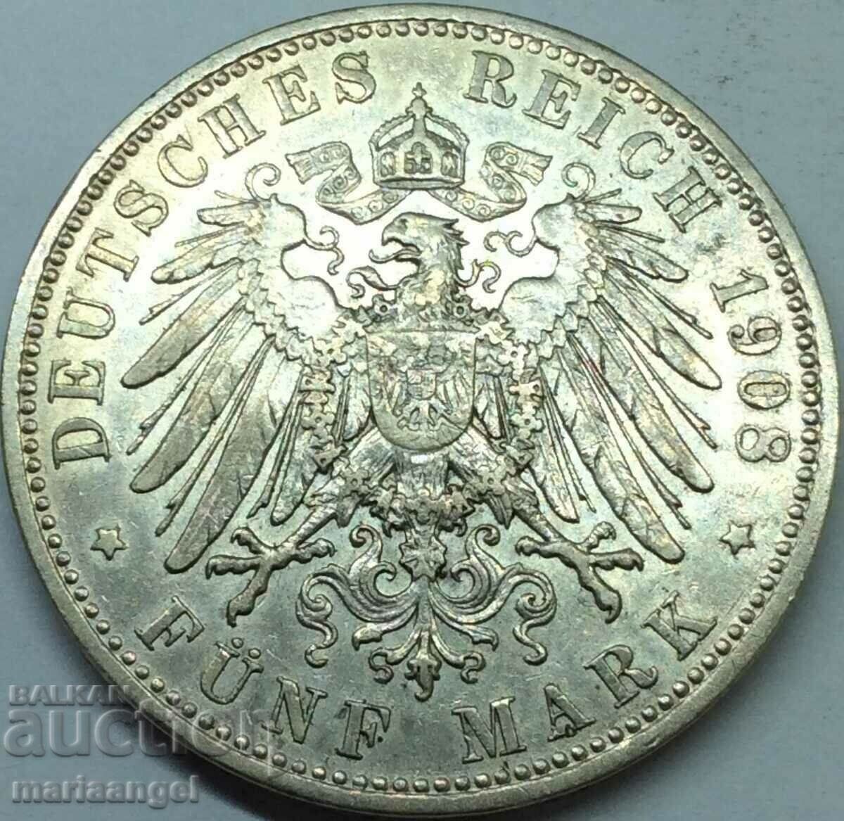 5 марки 1908 Бавария Германия Отто фон Байерн 27,72г сребро