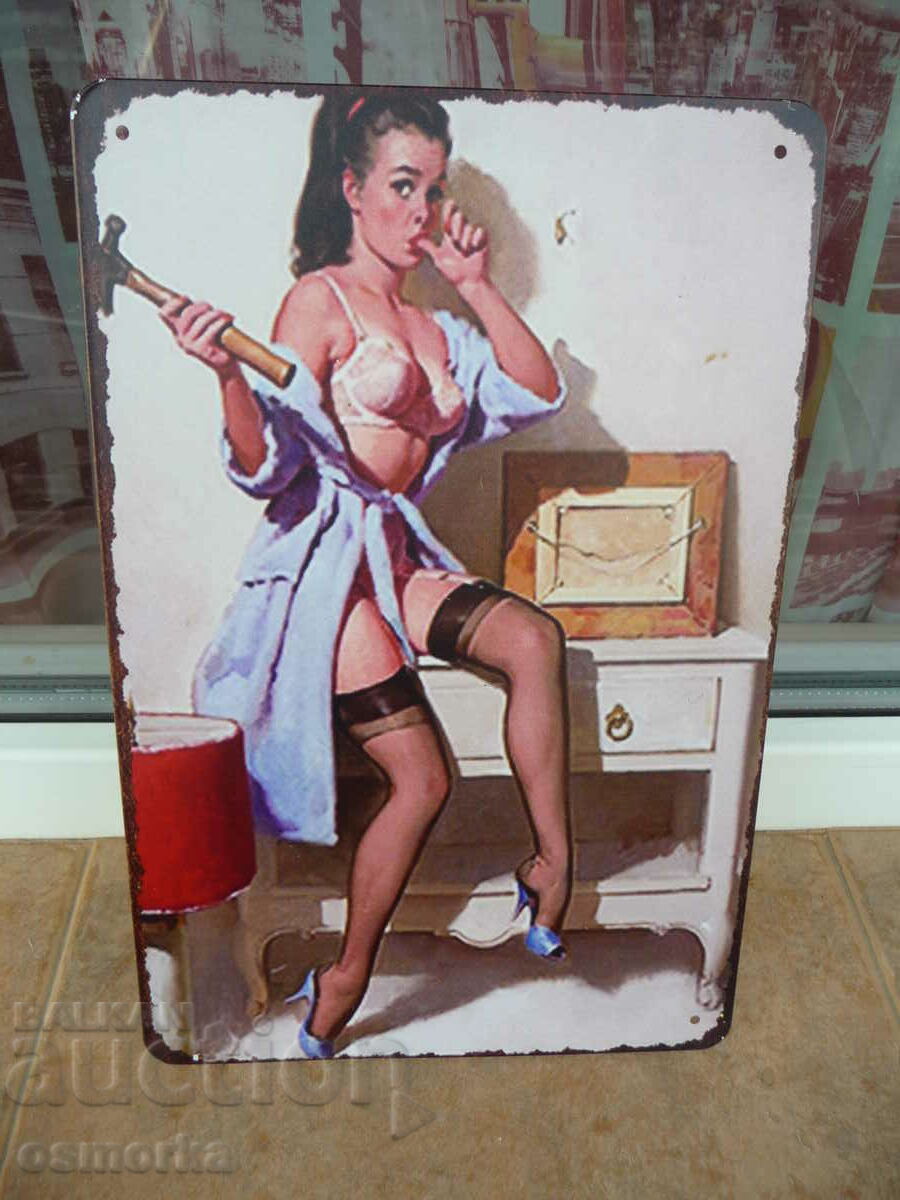 Placă de metal erotica fata atârnă o poză pe perete ciocan