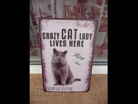 Μεταλλική επιγραφή Crazy Cat Lady ζει εδώ η τρελή γάτα ζει εδώ