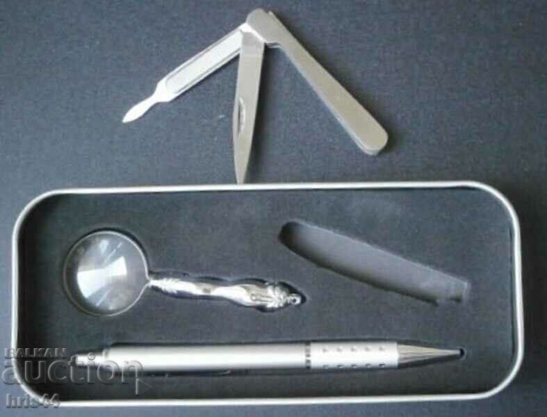 Pen set, magnifying glass...