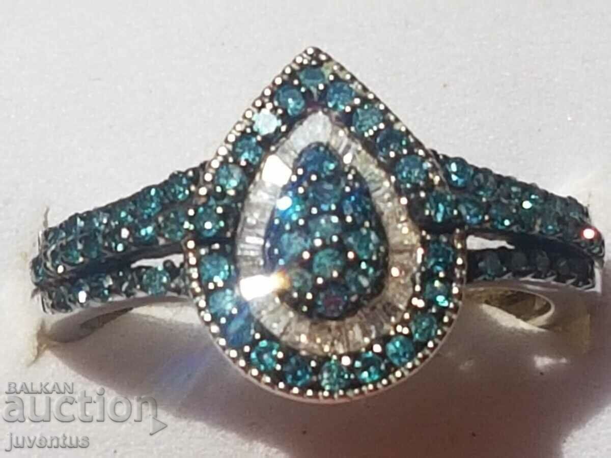 SILVER RING WITH BLUE AND COLORLESS DIAMONDS