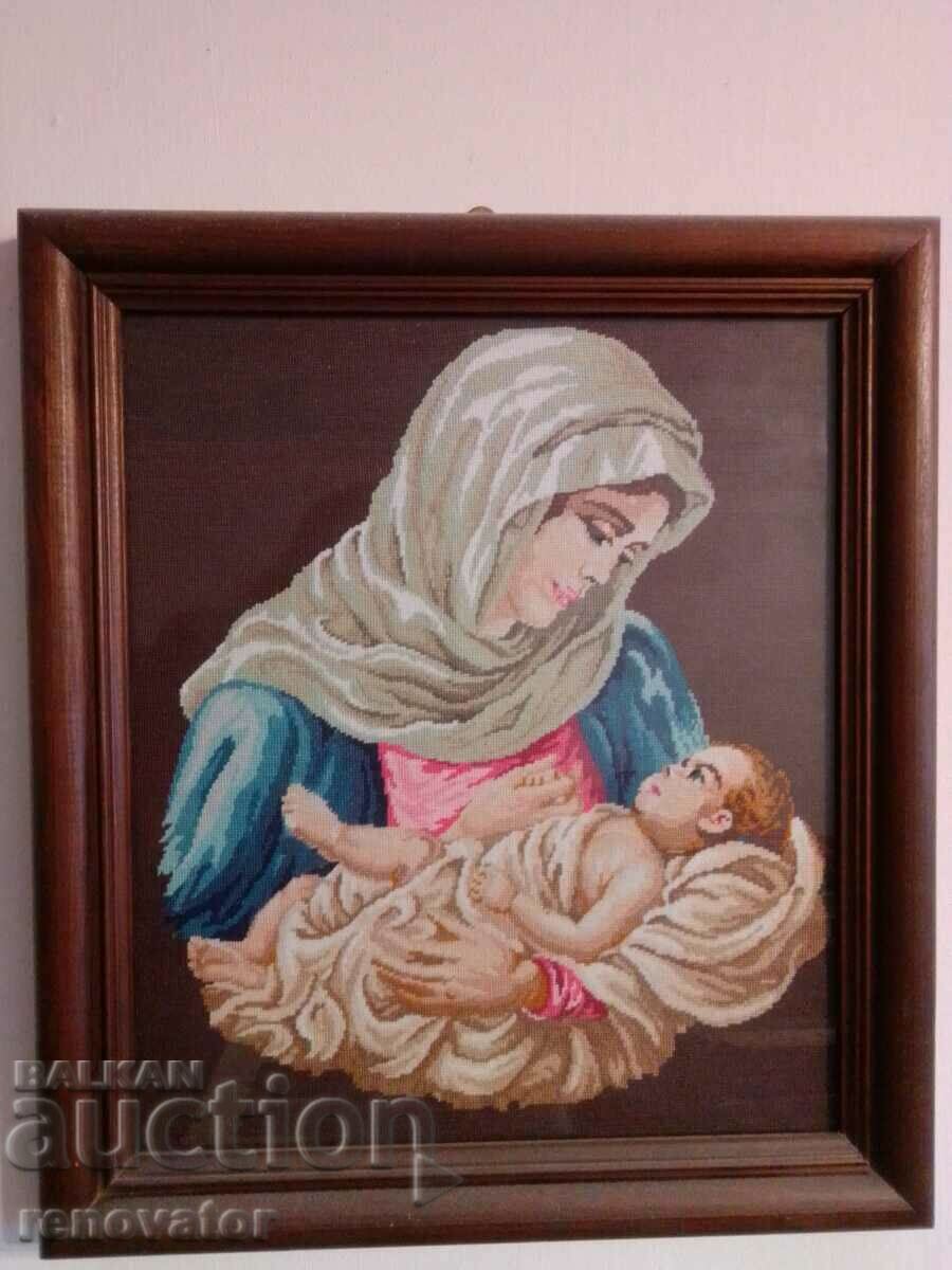 Framed and glass tapestry "Madonna and Child"