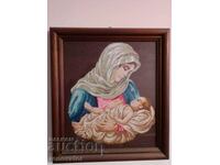 Framed and glass tapestry "Madonna and Child"