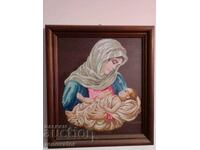 Framed hand-stitched / embroidered tapestry "Madonna and Child"