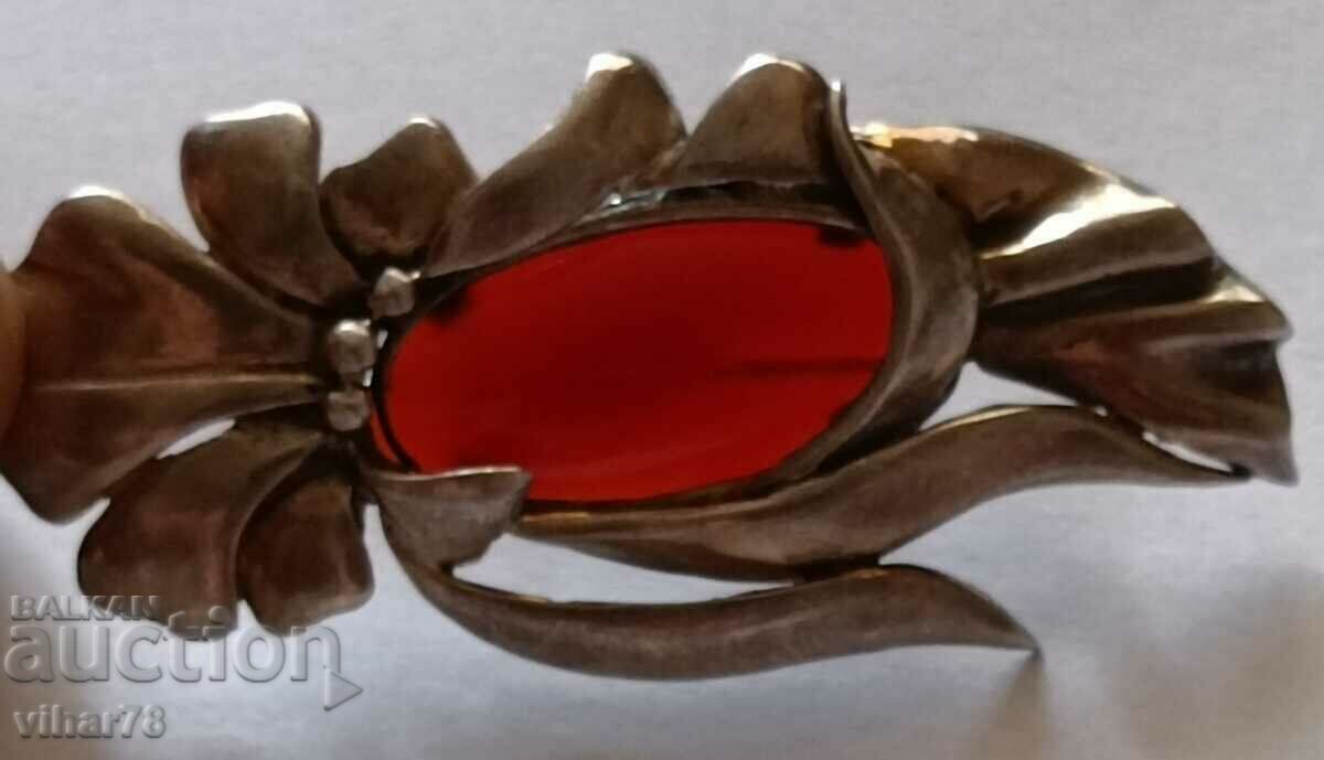 Old silver carnelian brooch