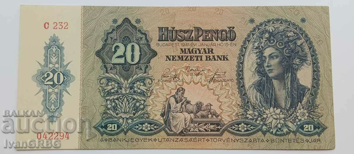 20 πιγκό 1941 Ουγγαρία 20 πιγκό 1941 Ουγγρικό τραπεζογραμμάτιο UNC