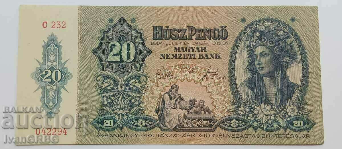 20 pengo 1941 Hungary 20 pengo 1941 Hungarian banknote UNC