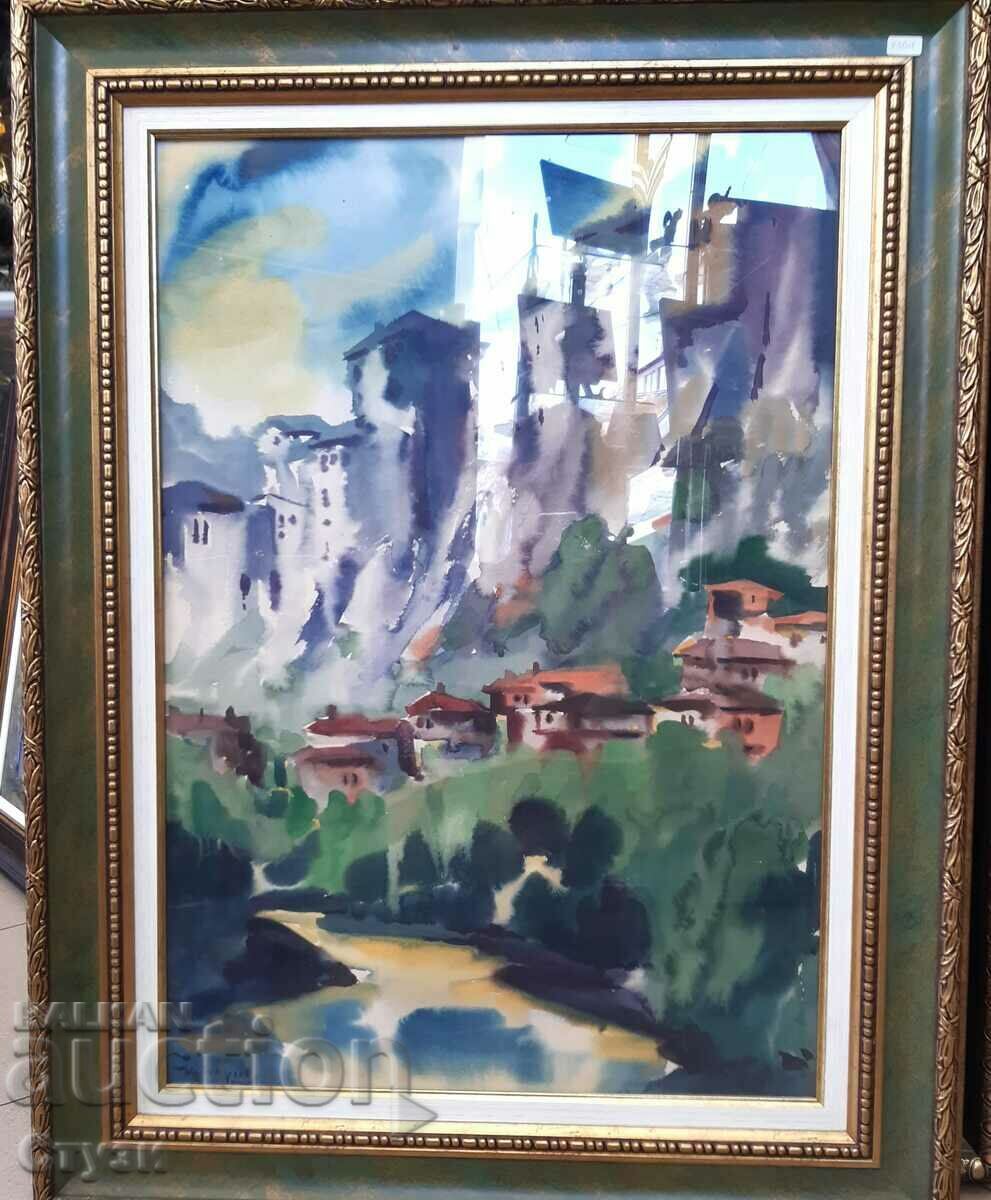 Painting "Tarnovo with the river Yantra", Krastyu Barzov, watercolor, 70x49 cm
