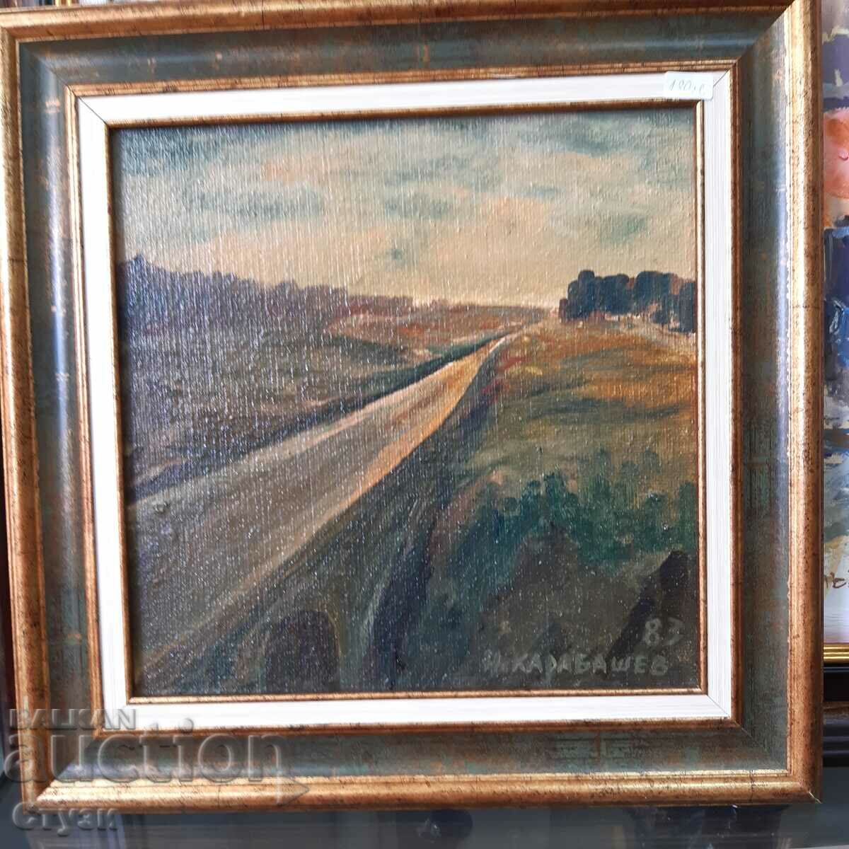 Painting "Landscape with a bridge", author N. Karabashev, oil, 29x29 cm