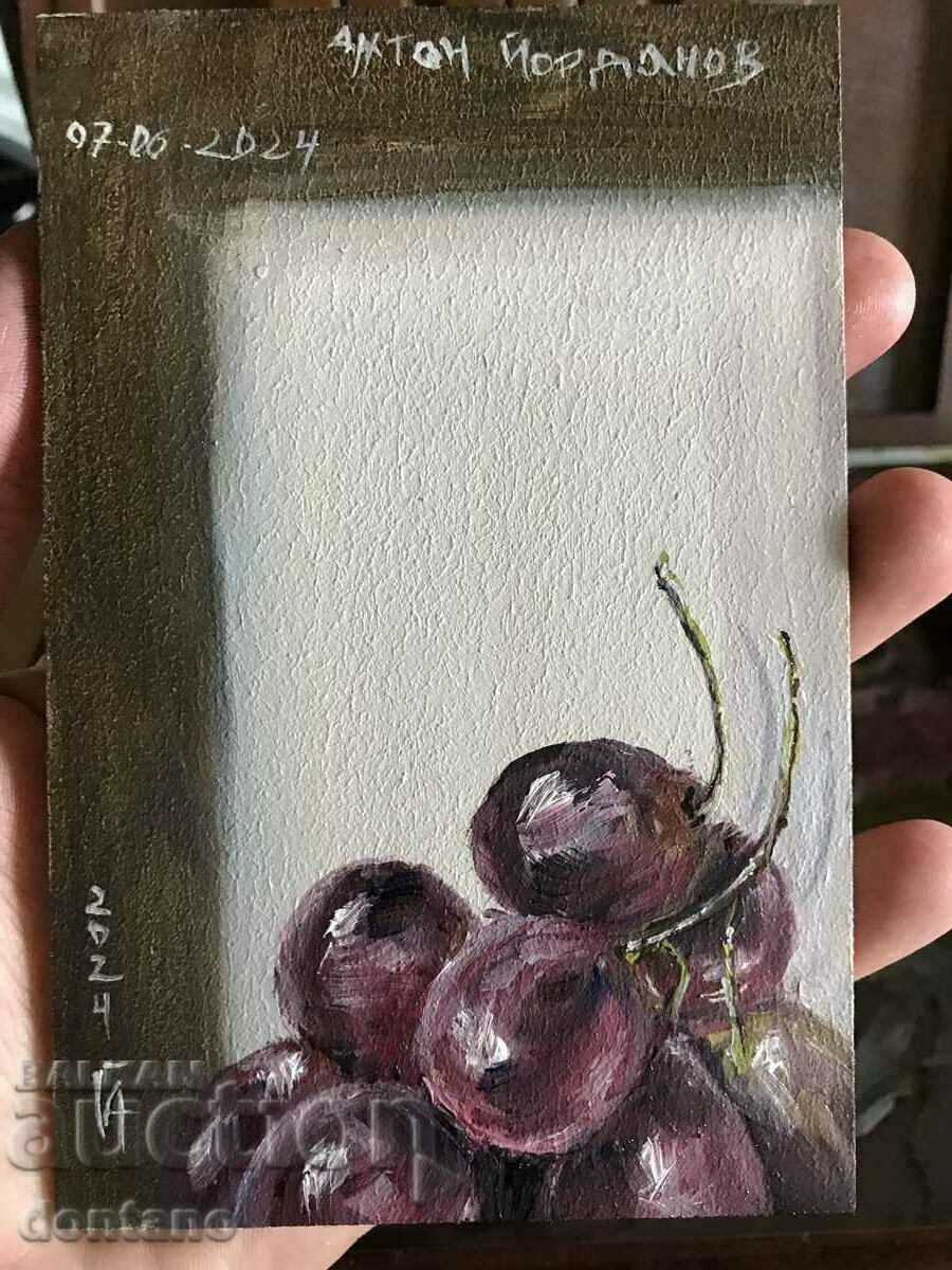 Small oil painting - Realism - Still life - Grapes 15/10 cm
