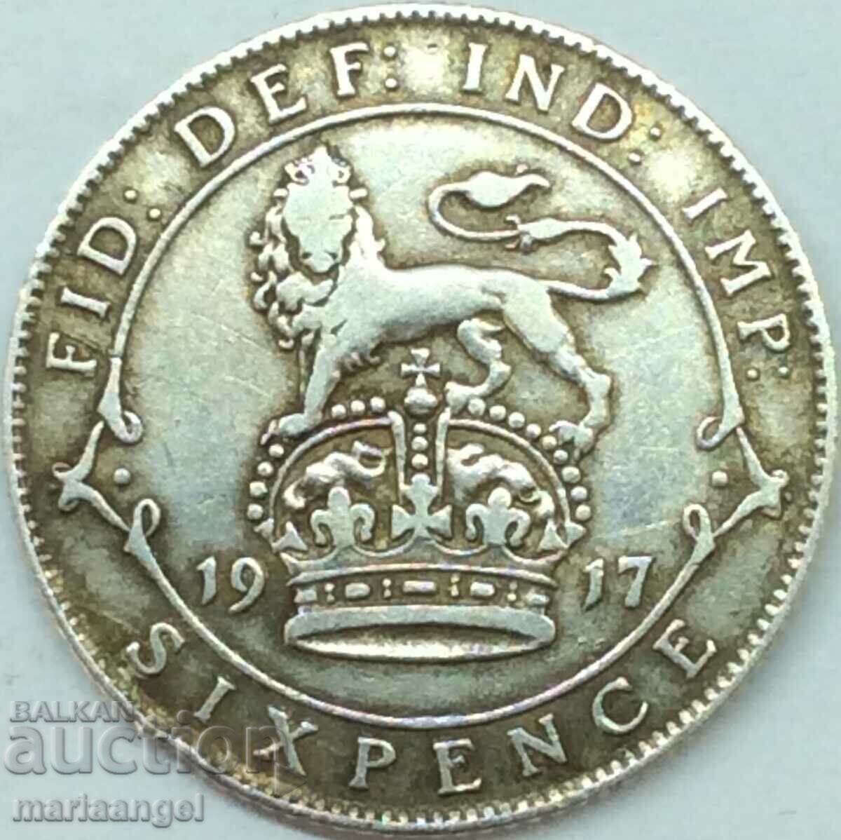Marea Britanie 6 pence 1917 argint aur patinat