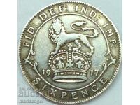 Великобритания 6 пенса 1917 сребро златна патина