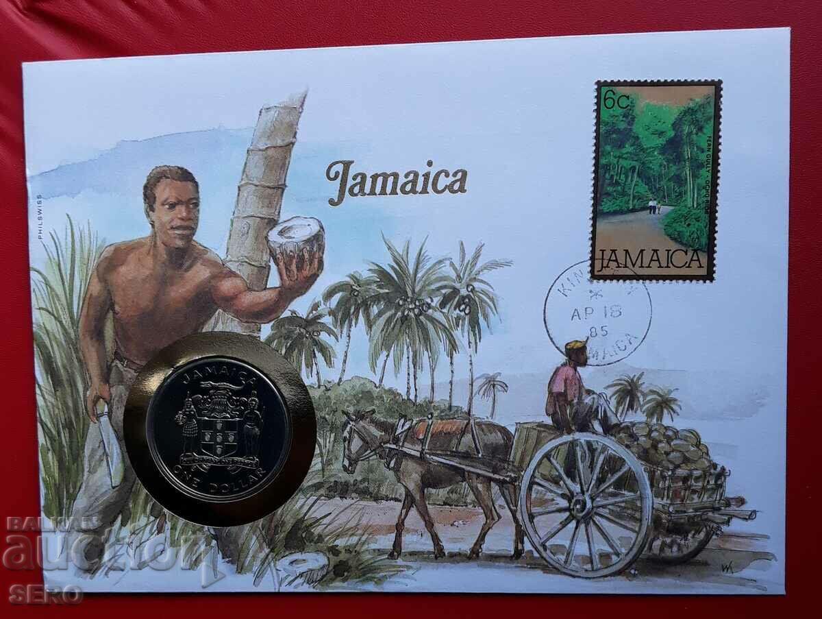 Insula Jamaica-1 dolar 1982-fotbal și mar poștal în cr. un plic