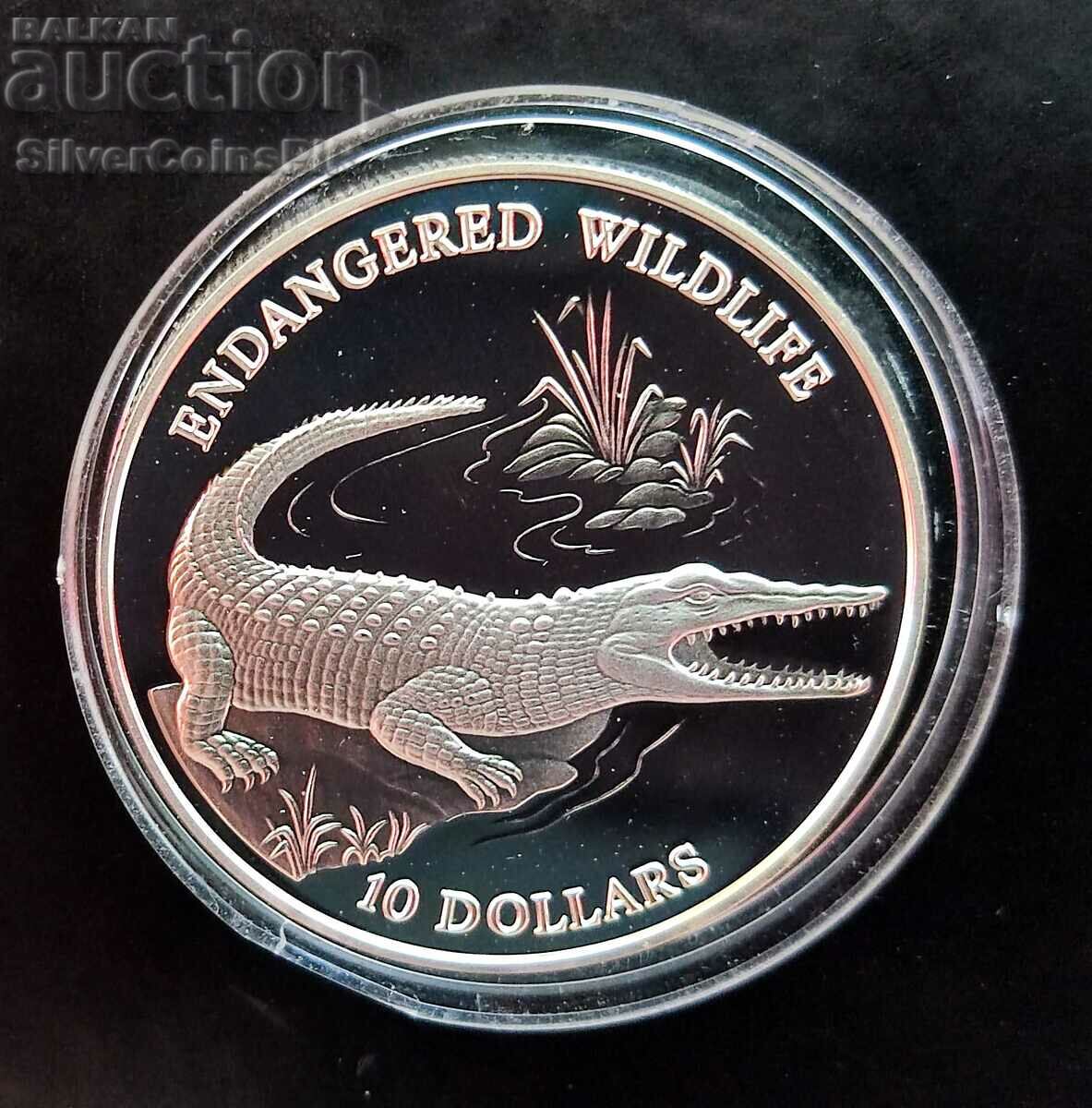 Silver $10 Crocodile Endangered Animals 1992 Solomon Islands.