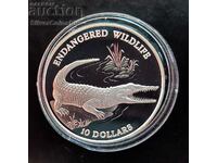 Silver $10 Crocodile Endangered Animals 1992 Solomon Islands.