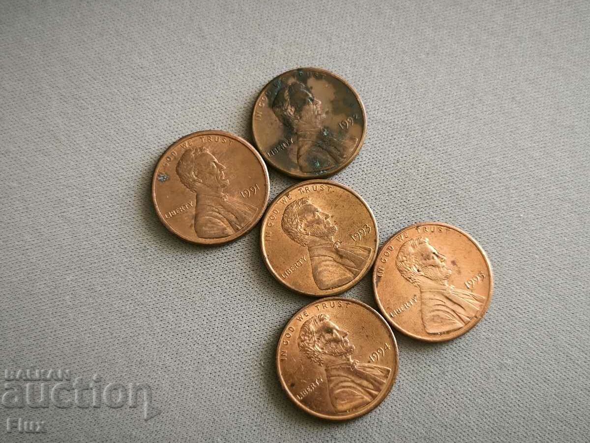 Παρτίδα νομισμάτων - ΗΠΑ - 1 σεντ | 1991 - 1995 με τιμή 2.25 BGN | € 1.15 Παρτίδα νομισμάτων - ΗΠΑ - 1 σεντ | 1991 - 1995 με τιμή 2.25 BGN | € 1.15