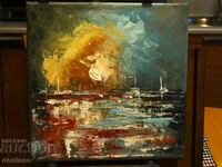 Pictura abstracta in ulei - Peisaj marin - Barci 20/20 cm