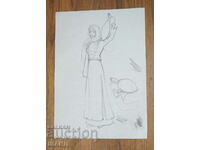 Old Master Pencil Drawing Caricature Maiden