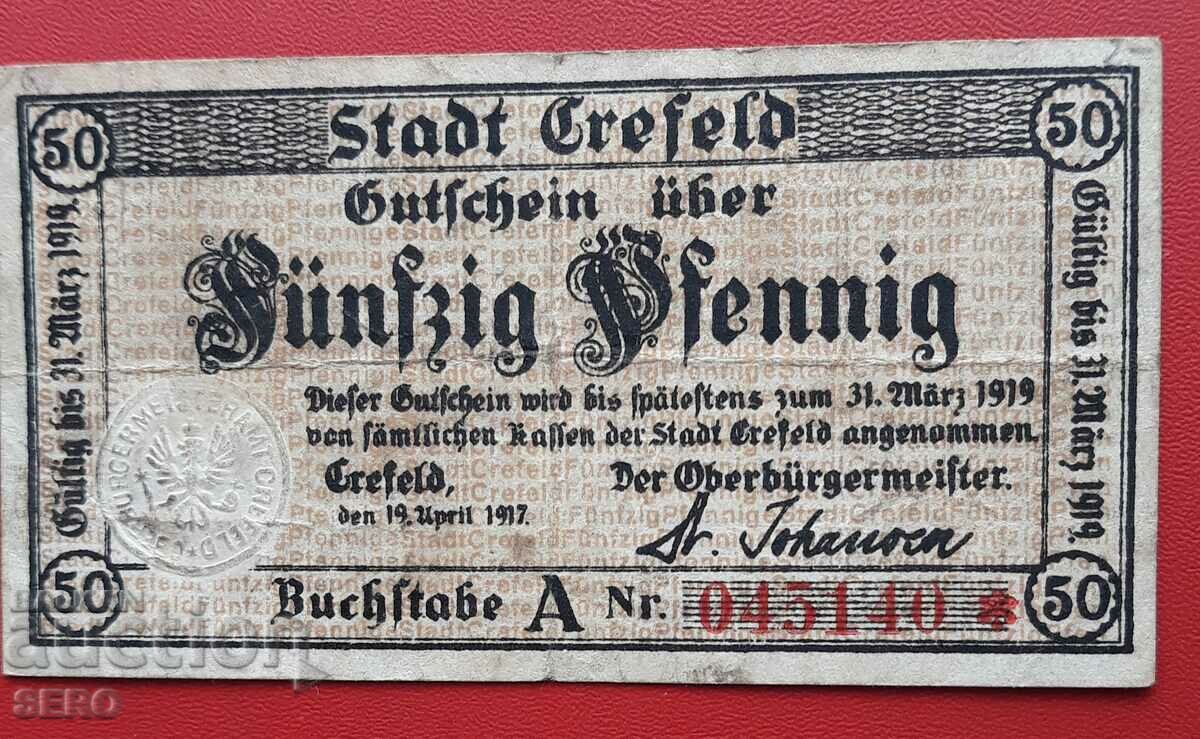 Banknote-Germany-S.Rhine-Westphalia-Krefeld-50 Pfennig 1917