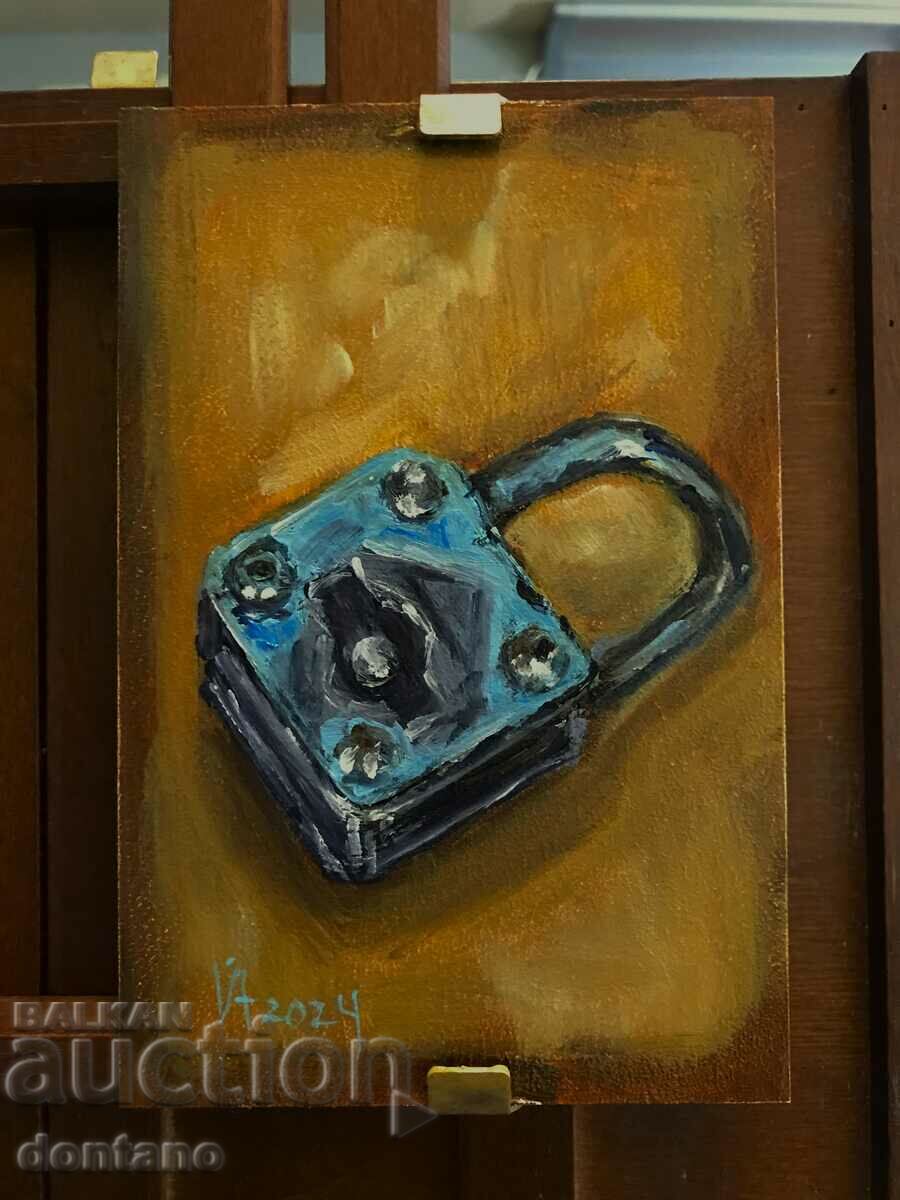 Small oil painting - Still life - Old padlock 15/10 cm
