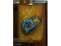Small oil painting - Still life - Old padlock 15/10 cm