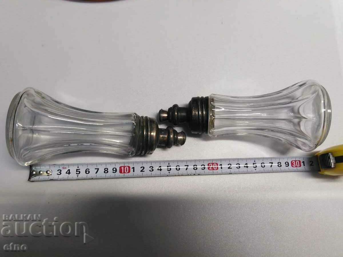 2 VINTAGE BOTTLES WITH SILVER PLATED DISPENSERS FOR CHARLAN AND VINEGAR with price 35.00 BGN | € 17.90 2 VINTAGE BOTTLES WITH SILVER PLATED DISPENSERS FOR CHARLAN AND VINEGAR with price 35.00 BGN | € 17.90