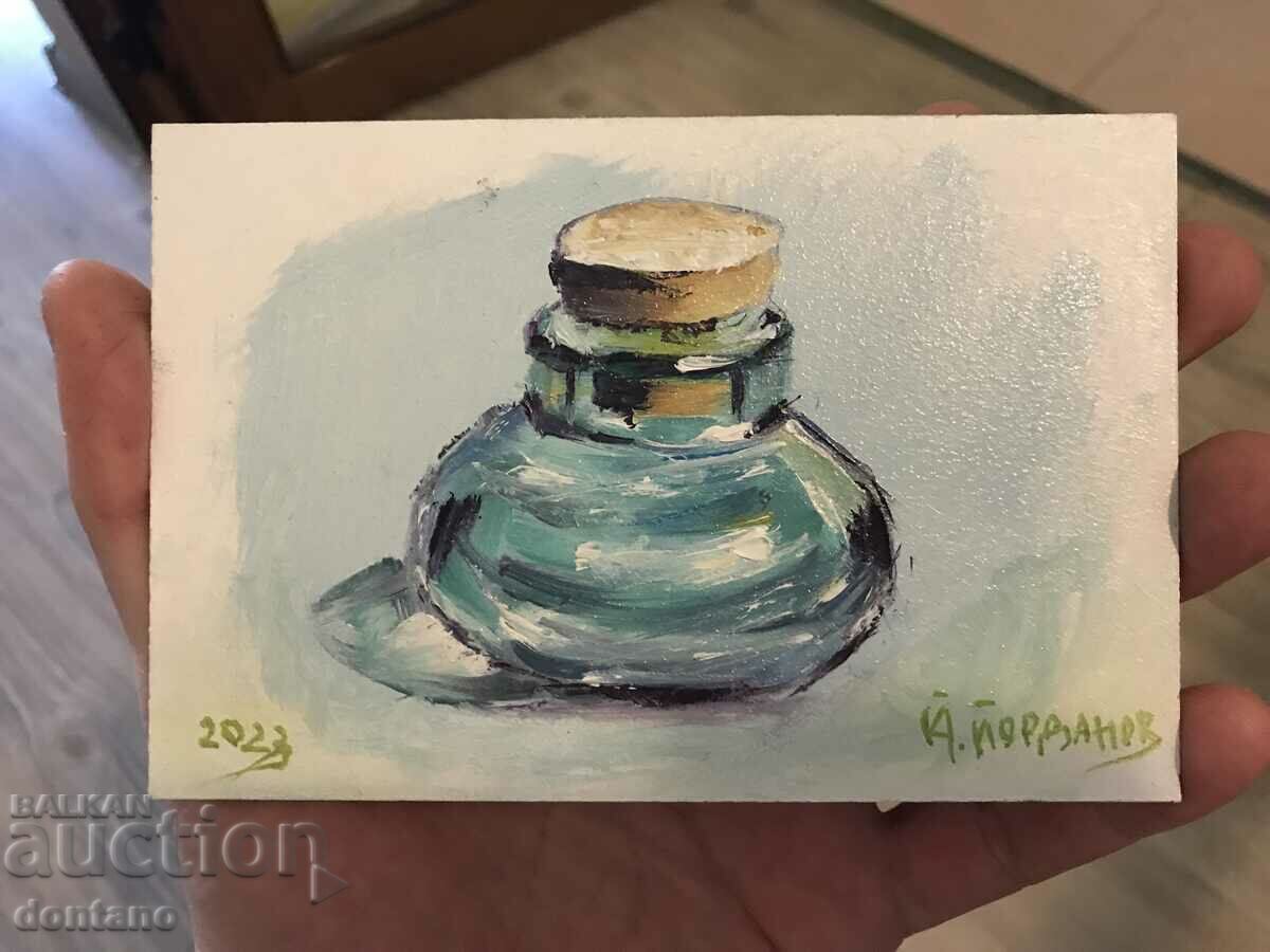 Small oil painting - Still life - Small glass bottle