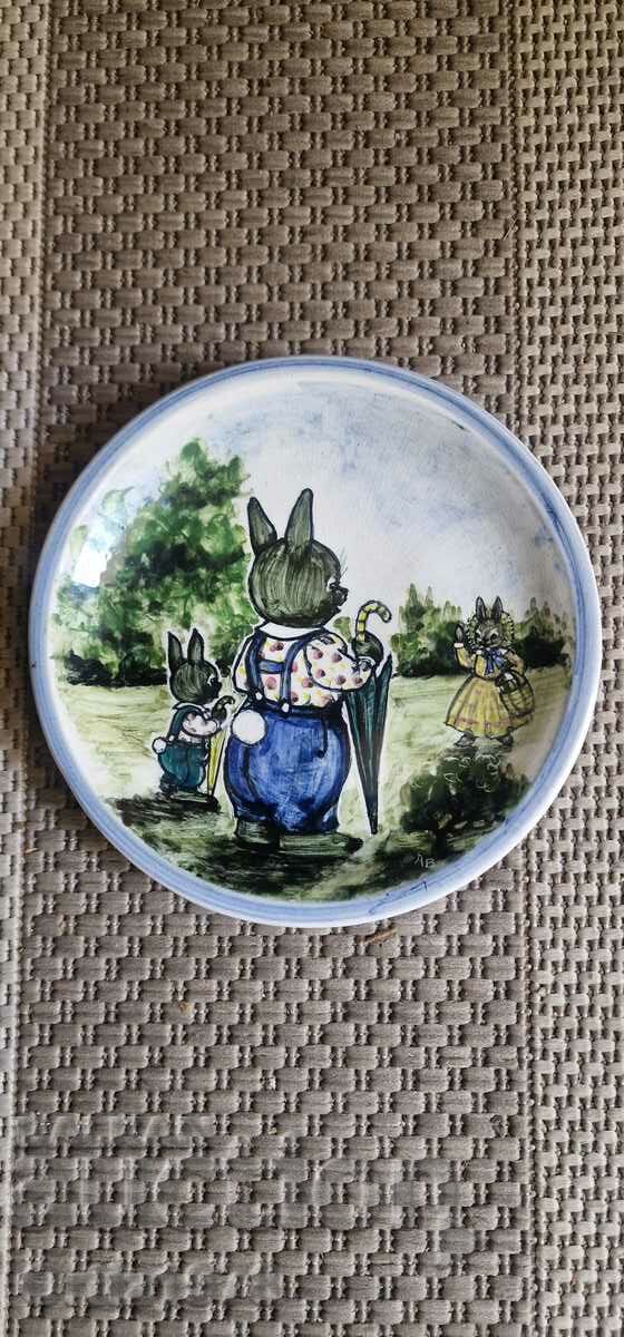 Vintage painted children's plate, signature, seal. with price 27.00 BGN | € 13.80 Vintage painted children's plate, signature, seal. with price 27.00 BGN | € 13.80