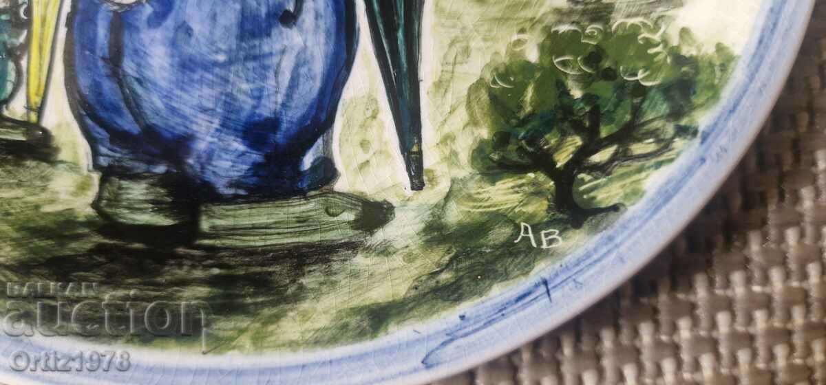 Auction Vintage painted children's plate, signature, seal. Auction Vintage painted children's plate, signature, seal.