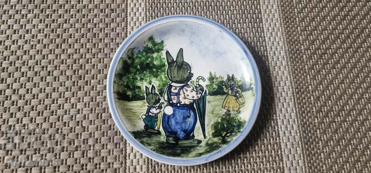 Vintage painted children's plate, signature, seal.