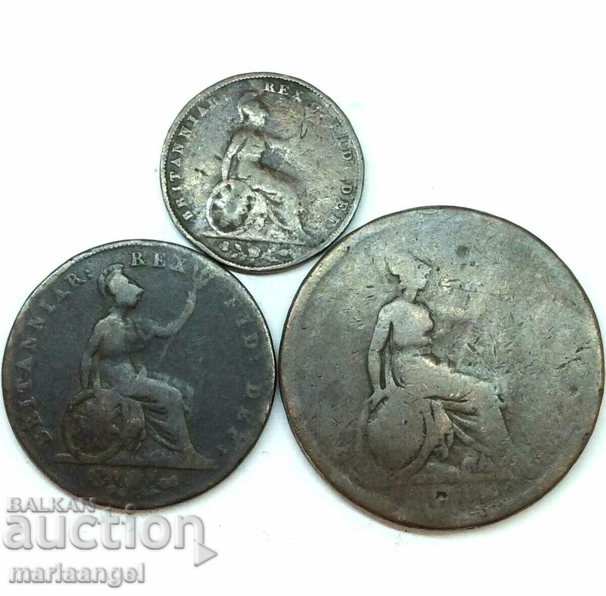 Great Britain 1 Farthing + 1/2 Penny 1826 + 1 Penny 1825 Bronze