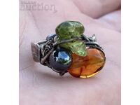 Silver Ring Amber Green and Yellow Hematite