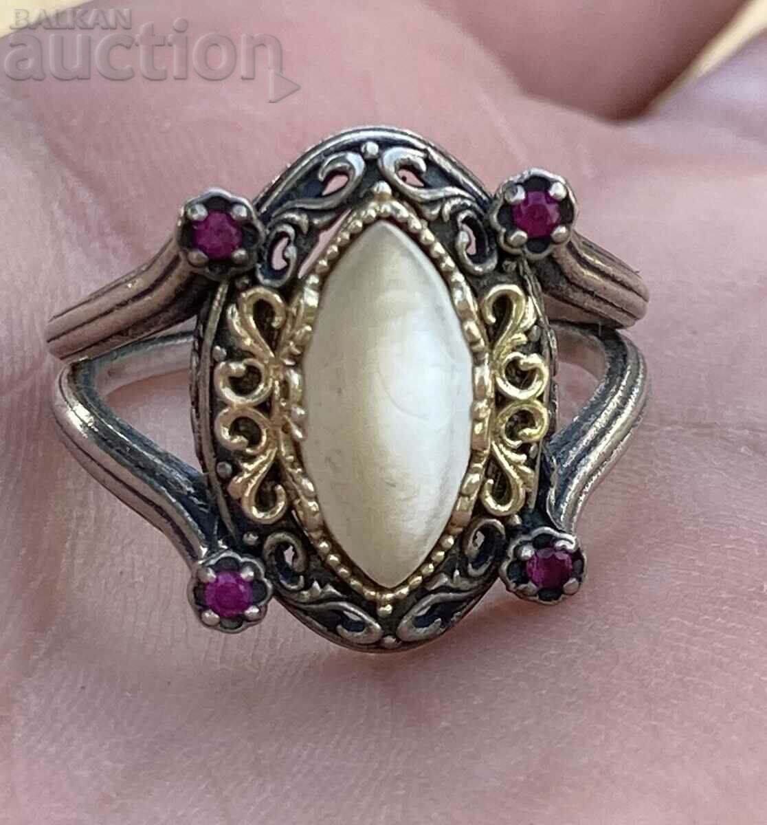 Old Silver Ring Mother of Pearl Ruby
