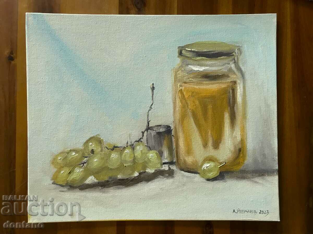 Oil painting, still life silver cup, jar of honey, grapes