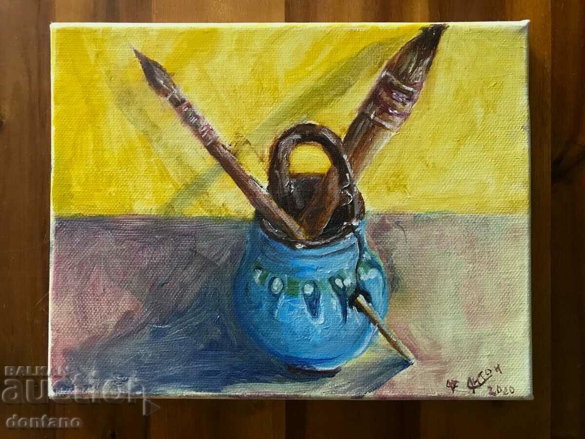 Oil painting - Still life - Bulgarian ceramics with brushes