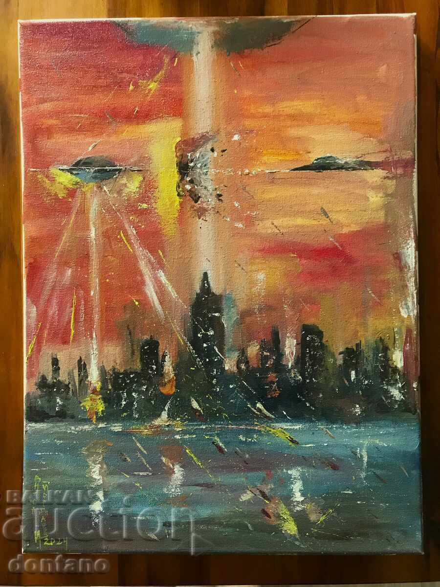 Mаслена картина - Извънземна инвазия 40/30 Худ. Ан. Йорданов