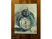 Oil painting - Still life - Old alarm clock