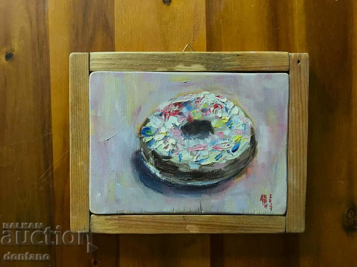 Small oil painting - Still life - Donut in a wooden frame