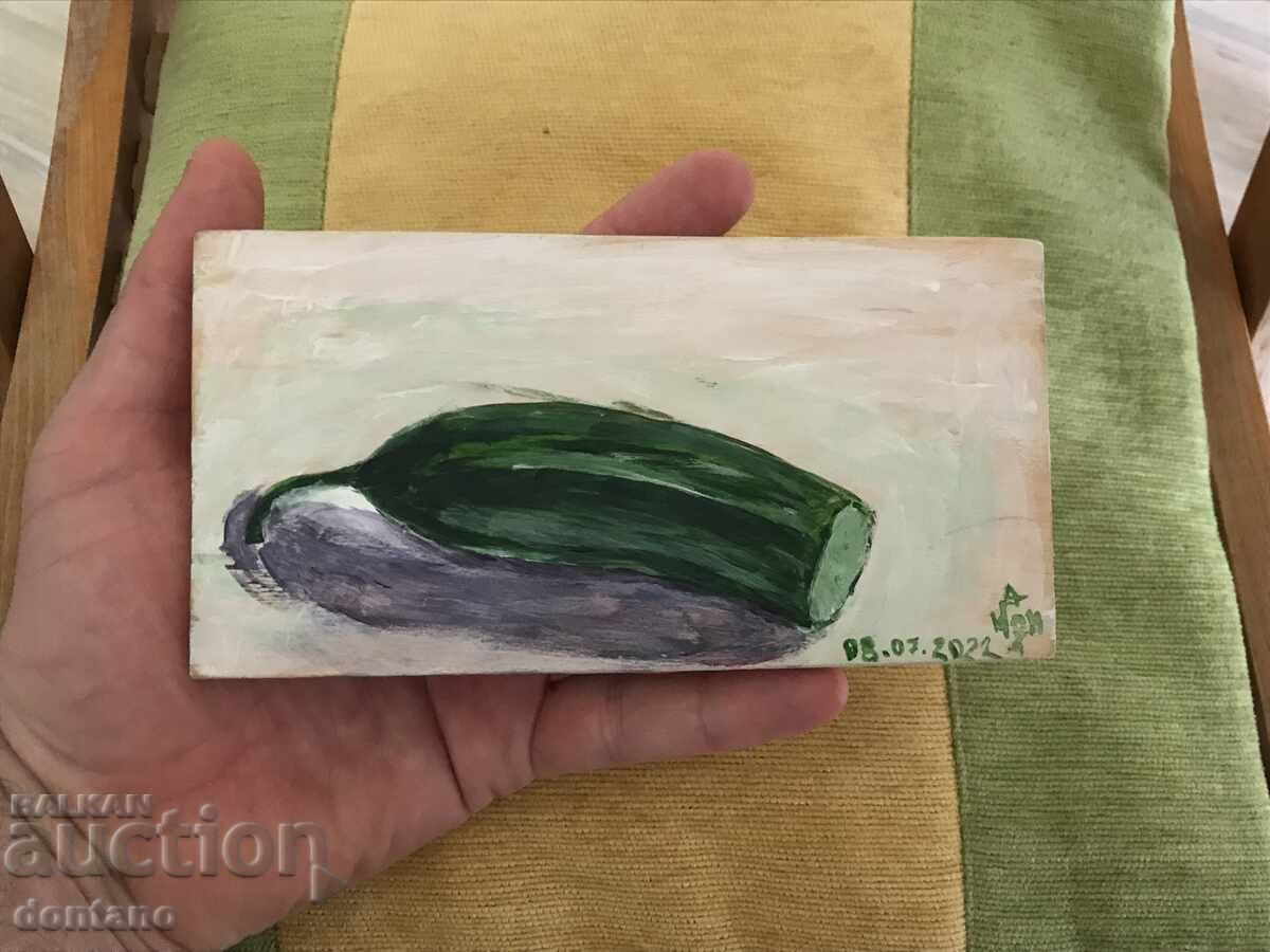 Small oil painting - Still life - Cut cucumber