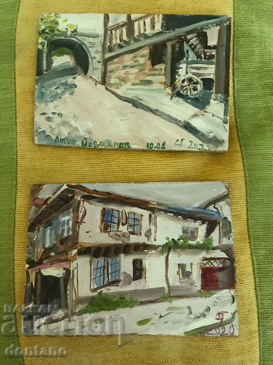 Δύο μικρές ελαιογραφίες - Ala prima - Σπίτια με γρασίδι