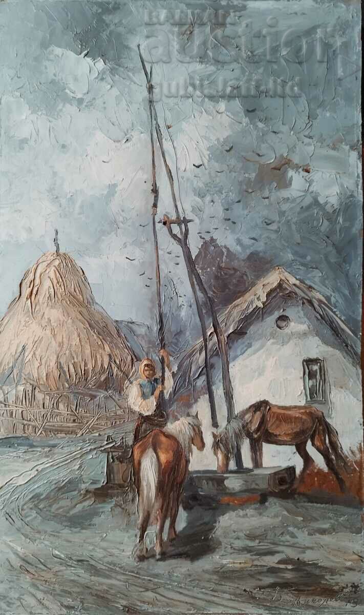 Картина, пейзаж, селска идилия, худ. Б. Николов, 1972 г.