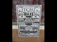Metal sign food Kitchen rules kiss the cook pre