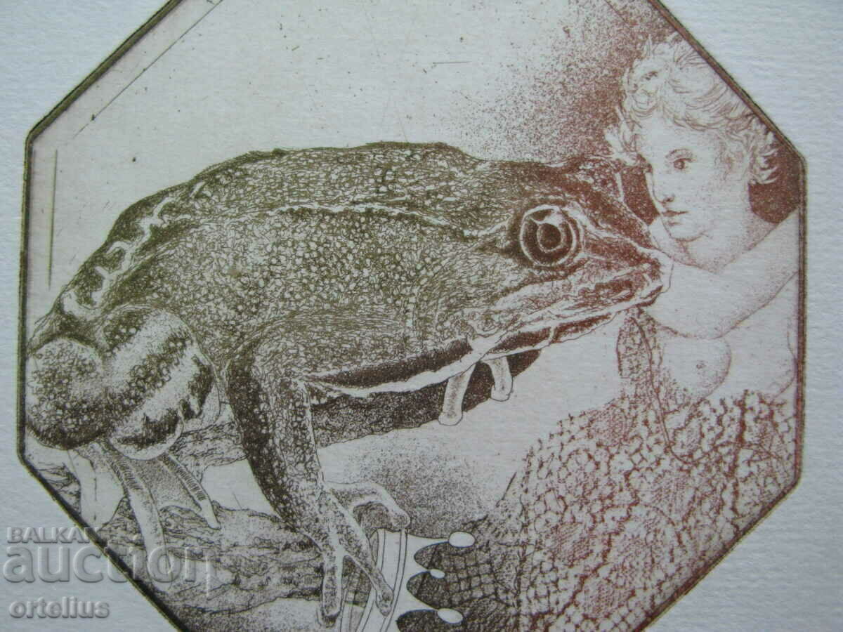 Grafică color Exlibris gravură sărut cu prințul broaște