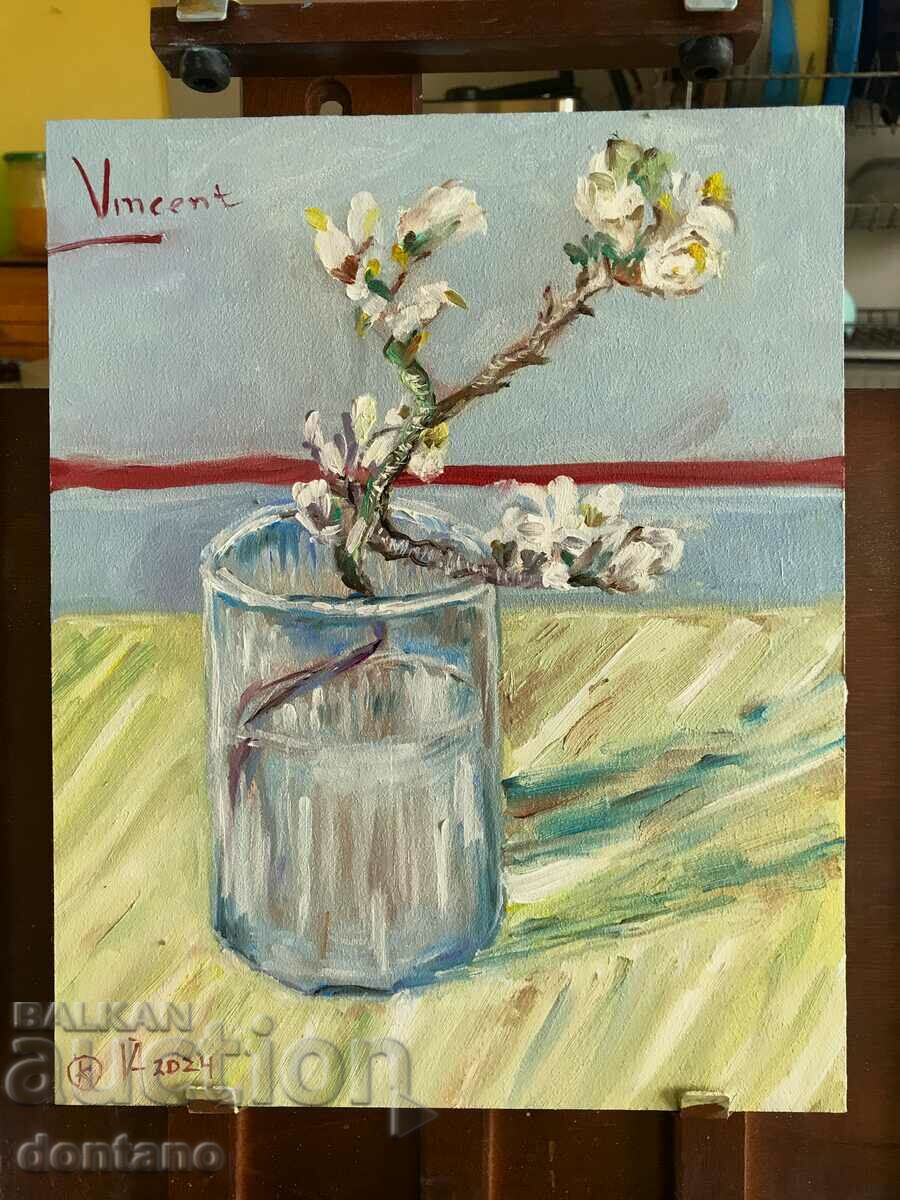 Цъфтяща-бадемова-клонка-в-чаша-1888 Ван Гог маслена картина