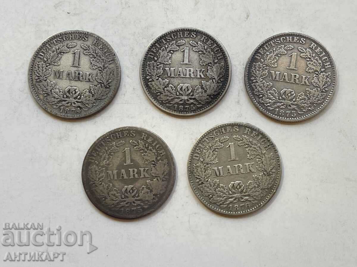 5 сребърни монети 1 марка Германия сребро 1874,1875 и 1876