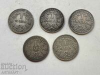 5 ασημένια νομίσματα 1 μάρκα Γερμανία ασήμι 1874, 1875 και 1876