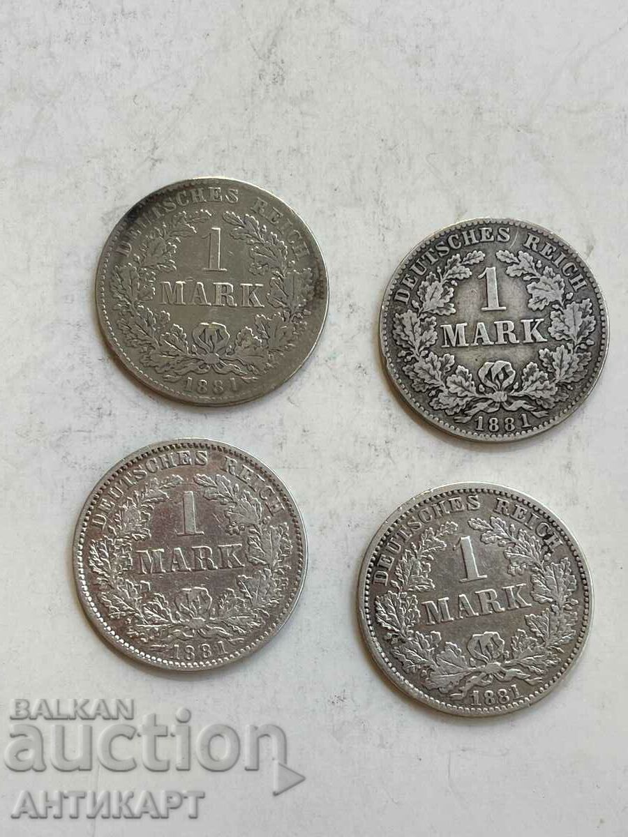 4 Silver Coins 1 Mark Germany Silver 1881 F,G,H,J