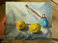 Натюрморт- маслена картина- лимони четка за рисуване в гърне