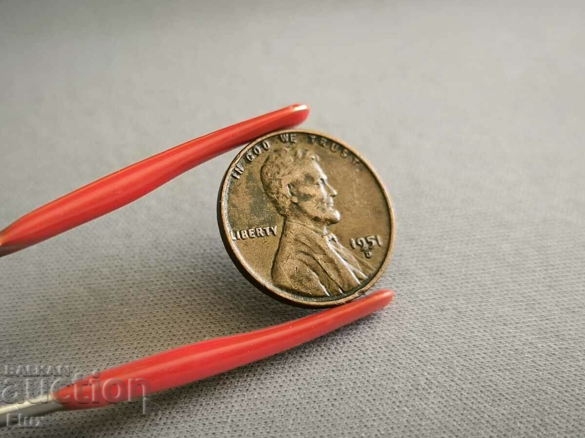 Монета - САЩ - 1 цент | 1951г.; серия D с цена 4.75 лв. | € 2.43 Монета - САЩ - 1 цент | 1951г.; серия D с цена 4.75 лв. | € 2.43