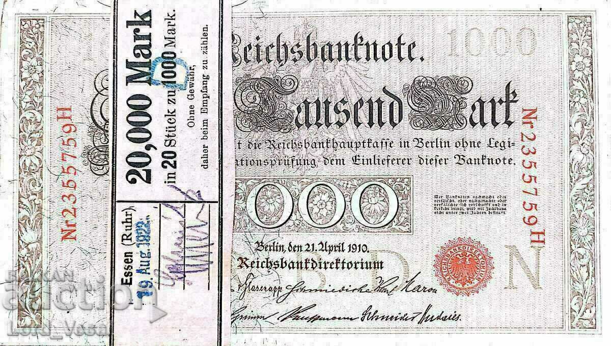 Auction  Germany - 1000 Mark 1910 - 3 OB UNC + 2 B Mix XF/XF+ P# 44